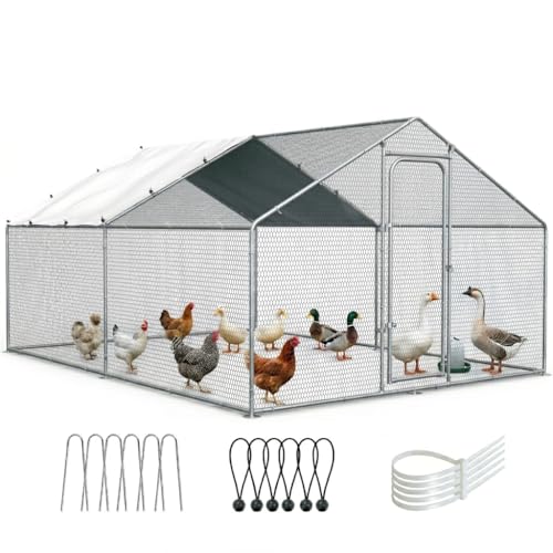ORANLAND Large Metal Chicken Coop, 9.9x9.9x6.6ft Walk-in Chicken Runs with Cover, Spire Roof Chicken Pen with Security Lock, Outdoor Duck Rabbit Cage Poultry Pen for Backyard, Farm, Yard - size: 118.2"L x 118.2"W x 76.8"H