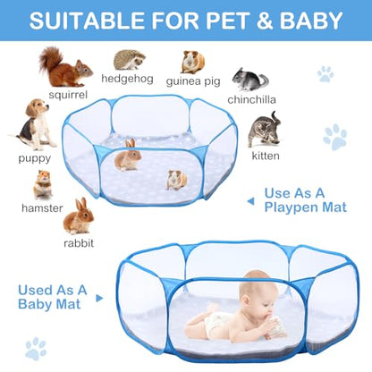 VitalCozy Hamster Playpen with Mat Small Animal Cage Tent Breathable Transparent Guinea Pig Playpen Waterproof Portable Yard Fence Mat Foldable Exercise Playpen Outdoor Indoor (Blue,Star) - color: Blue