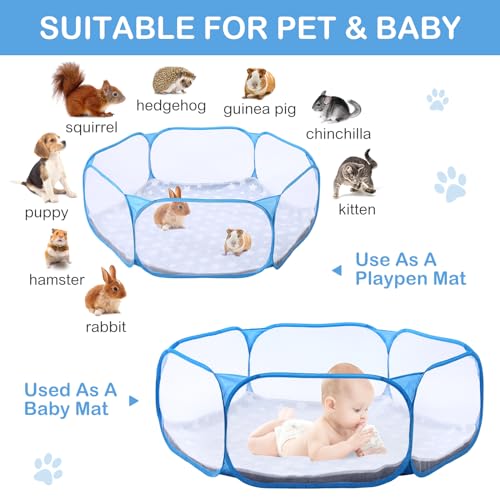 VitalCozy Hamster Playpen with Mat Small Animal Cage Tent Breathable Transparent Guinea Pig Playpen Waterproof Portable Yard Fence Mat Foldable Exercise Playpen Outdoor Indoor (Blue,Star) - color: Blue