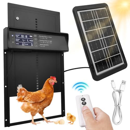 Automatic Chicken Coop Door Solar Powered, LCD Screen Auto Chicken Coop Door with Timer & Light Sensor, Anti-Pinch, Remote Control, Aluminum Waterproof, 4 Modes Solar Chicken House Door