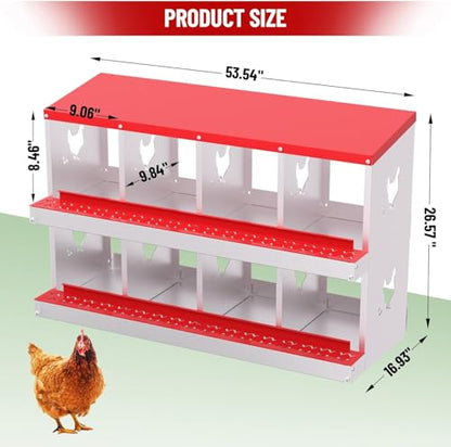 Chicken Nesting Box, 8 Compartment Metal Chicken Nesting Boxes for Chicken Coop, Large Vented Holes Chicken Laying Boxes with Rollout Egg Collection, Wall Mount Chickens Coops - color: Red, size: 8 Holes