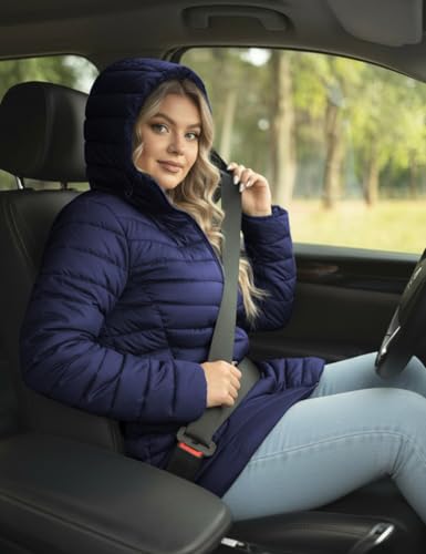ROYAL MATRIX Women's Packable Puffer Jacket - Lightweight Winter Warm Long Quilted Puffer Coat with Detachable Hood - color: Navy Blue, size: Medium