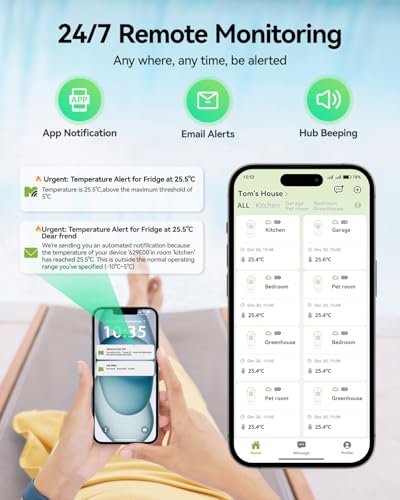 MOCREO WiFi Remote Thermometer Freezer Alarm, 1/3 Mile Long Range, IP66 Waterproof, App Email Alert, with Digital Monitor Hub, 2 Smart Wireless Temperature Sensors for Fridge, RV, Greenhouse - style: 1 Long Range LCD Hub + 2 Waterproof Sensors