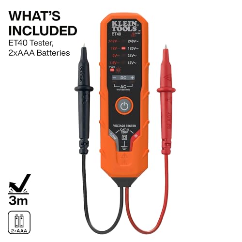 Klein Tools ET40 Digital AC/DC Voltage Tester, 12-240V AC, 1.5-24V DC, LED Illumination, DC Polarity, Auto Off, CAT III 250V-Class 2- Double Insulation, IP41 Dust and Water Resistant - style: 12/240 V