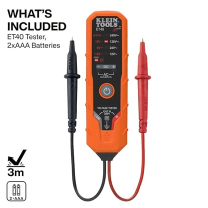 Klein Tools ET40 Digital AC/DC Voltage Tester, 12-240V AC, 1.5-24V DC, LED Illumination, DC Polarity, Auto Off, CAT III 250V-Class 2- Double Insulation, IP41 Dust and Water Resistant - style: 12/240 V