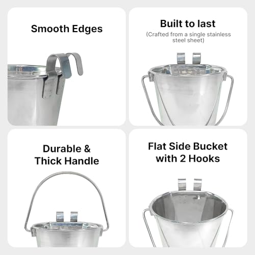 Half Gallon Stainless Steel Bucket - Heavy Duty Flat-Side Metal Bucket for Pets & Livestock Feeding - Rust Resistant Water Bucket with Hooks for Kennels, Cages, Crates & Fences - 2 Quart - size: 2 Quarts