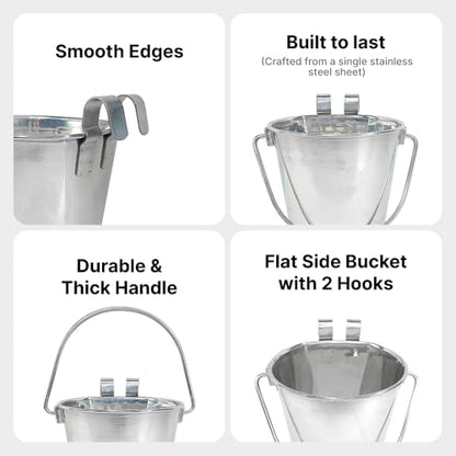 Half Gallon Stainless Steel Bucket - Heavy Duty Flat-Side Metal Bucket for Pets & Livestock Feeding - Rust Resistant Water Bucket with Hooks for Kennels, Cages, Crates & Fences - 2 Quart - size: 2 Quarts