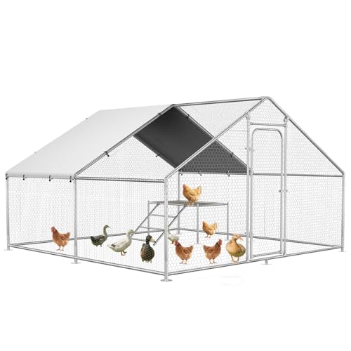 Large Metal Chicken Coop with Roosting Ladder, UV-Resistant and Waterproof Cover, Outdoor Walk-in Cage Hen House for Yard Farm Rabbit Duck Chicken Run, Spire Roof (13.1'W x 9.8'L x 6.4'H) - size: 157.5"L x 118.0"W x 78.0"H