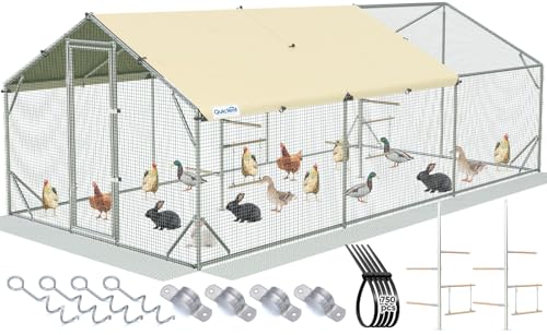 Quictent 18x9x6.6ft Metal Chicken Coop Run with Perch & Swing, Elite Series Large Walk-in Outdoor Poultry Cage Heavy Duty Predator Proof Hen Duck Rabbit Farm Pen House, Waterproof Anti-UV Cover - color: Beige - Perch, size: 216.6"L x 108.3"W x 78.8"H