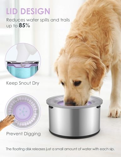 Heouvo 1Gallon Large Dog Water Bowl No Spill, [Anti Digging Lid & Rubber Bottom] Spill Proof Dog Bowl, Anti Splash Mess Dripless Slow Drinking Stainless Steel Water for Sloppy Messy Drinkers Car - color: Purple, size: 3.8L