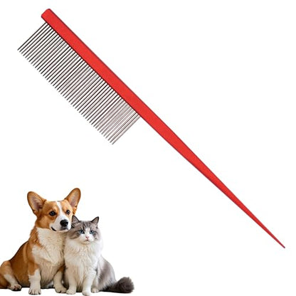 Grooming Pet Comb Rat Tail Dematting Cat and Dog Comb，Rounded Ends Design for Safe Tangle Removal, Hairstyling, Massage，Loose Hair Removal，Prevent Irritation，Fluffing Paws,Face,Tail,Remove Tear Stain - color: Red