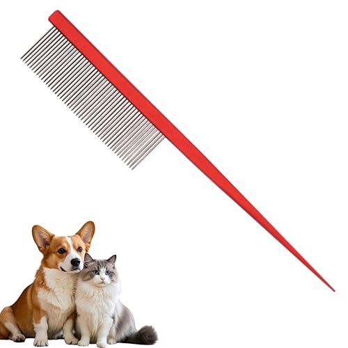 Grooming Pet Comb Rat Tail Dematting Cat and Dog Comb，Rounded Ends Design for Safe Tangle Removal, Hairstyling, Massage，Loose Hair Removal，Prevent Irritation，Fluffing Paws,Face,Tail,Remove Tear Stain - color: Red