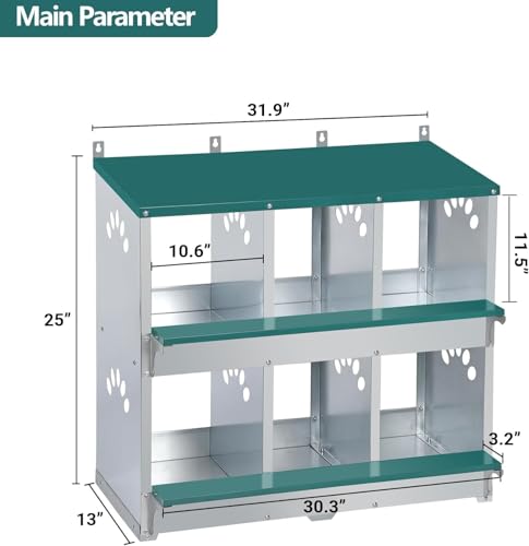 Rustproof Galvanized Steel Build - Chicken Nesting Box for Small Animals - 6 Compartments, Large Vented Holes, Easy Clean, Secure Egg Collection, Wall-Mounted - Green, 6 Compartments ZW - color: Green | 6 Compartments+legs