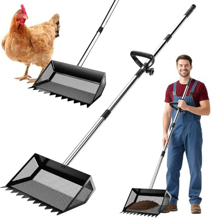 VEEMI Chicken Poop Scooper Rake 2-in-1,304 Stainless Steel Shovel Head, Chicken Litter Scoop with Handle for Chicken Coop for Sand, Pet Waste Cleaning, Litter Sifting Shovel (35 to 65")