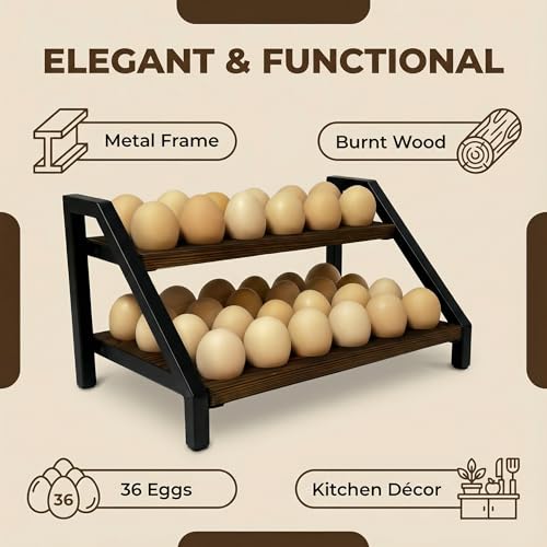 2-Tier Fresh Egg Holder Countertop, Wooden & Metal with Handle, 36 Eggs Capacity for All Kitchen Styles