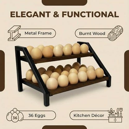 2-Tier Fresh Egg Holder Countertop, Wooden & Metal with Handle, 36 Eggs Capacity for All Kitchen Styles