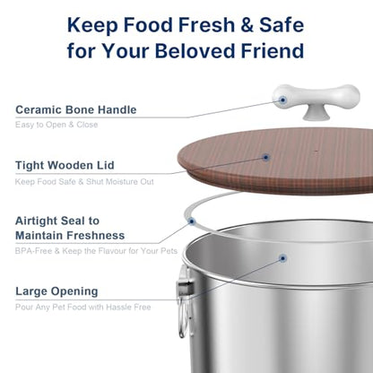 Paw Libero 2PK 35 Lbs total 70Lbs Stainless Steel Dog Food Storage Container with Airtight Wooden Lid & Ceramic Bone Handle, Large Metal Dog Food Bin for Dogs & Cats, Keep Fresh, Easy to Clean - size: 35 lbs - 2pk
