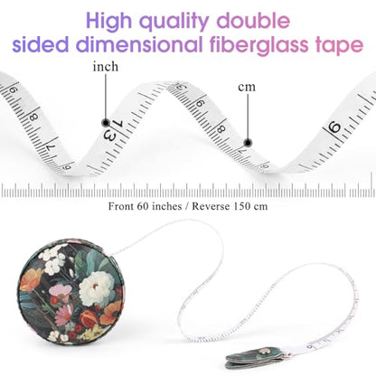 Retractable Mini Tape Measure, Auto-Retract, Premium Leather Tape Measure, Dual-Sided Ruler, Ideal for Fabric Cutting, Body Measurements, and Handicrafts (Black Flowers) - color: Black Flowers