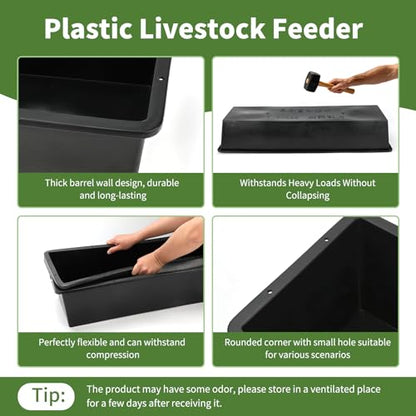 5 Pack Extra Large Capacity 12 Gallon /48 Quart Long Plastic Livestock Trough Heavy Duty Feed and Water Trough for Sheep Horses Pigs Crack Resistant Long Feeder Pan Resists Animal Trampling