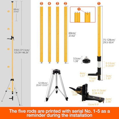 12Ft Telescoping Laser Level Pole with Tripod - Adjustable Laser Stand with Dual Thread Adapter (1/4"-20 & 5/8"-11) for Rotary and Line Lasers, Includes Carrying Case & Bubble Level(Yellow) - color: Yellow