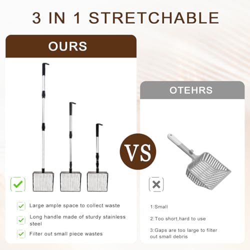 3 in 1 Stretchable Chicken Poop Scooper Chicken Coop Accessories Sifting Shovel for Chicken Coop Chicken Litter Scoop Supplies Separating Poo and Debris from Sand(22.4 to 50 Inch)