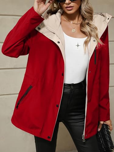 Bellivera Women's Lightweight Coat Windbreaker Zip Up Long Sleeve Jacket Outdoor Raincoat with Hood - color: Red Windbreaker, size: Medium