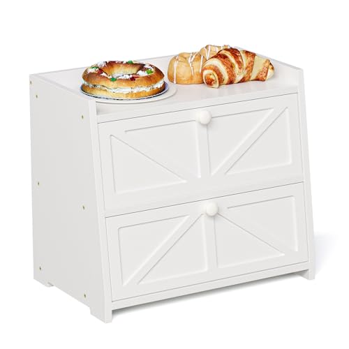 Trironsun Vintage Double Layer Bread Box for Kitchen Counter Bamboo Bread Storage Container Large Capacity Bread Storage Bin (White) - color: White