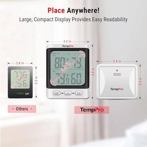 TempPro Indoor Outdoor Thermometer Wireless, 500 ft Outside Thermometer with Cold-Resistant Sensor, Outdoor Thermometer Waterproof for Patio with 3.3" LCD Backlit Display (Previously ThermoPro)