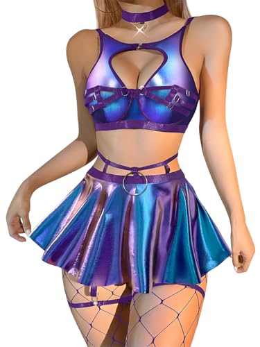 Lilosy Sexy Stocking Chocker Strappy Underwire O Ring Push Up Garter Belt Women Skirt 5 Piece - color: Laser Purple, size: 3X-Large