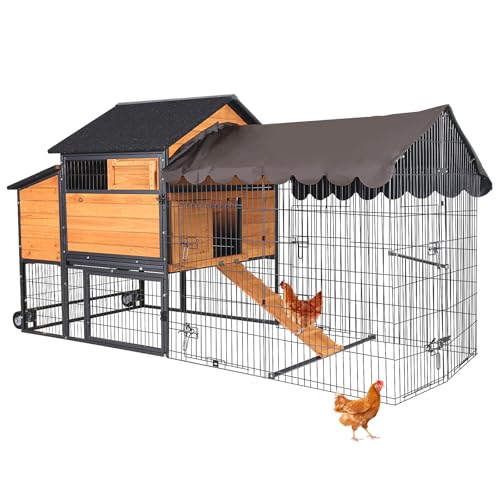 Large Chicken Coop with Upgraded Metal Frame, Wooden Poultry Cage with Outdoor Run, Chicken Tractor with Wheels, Pull Out Trays, Asphalt Roof & Lockable Nesting Box for Chickens Ducks Rabbits - color: Brown, size: 85.6"L x 40.6"W x 48.2"H