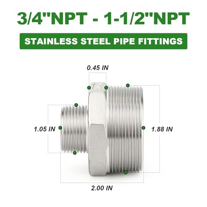 TAISHER 2PCS Cast 304 Stainless Steel Hex Nipple, Reducer Pipe Fitting 1-1/2" NPT Male x 3/4" NPT Male - size: 1-1/2" NPT x 3/4" NPT