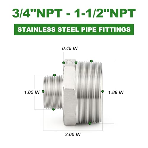 TAISHER 2PCS Cast 304 Stainless Steel Hex Nipple, Reducer Pipe Fitting 1-1/2" NPT Male x 3/4" NPT Male - size: 1-1/2" NPT x 3/4" NPT