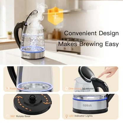 AZEUS Electric Kettle 1800W Cool Touch Tea Kettle Anti-scalding Design 1.8L Large Capacity Kettle BPA-Free, White