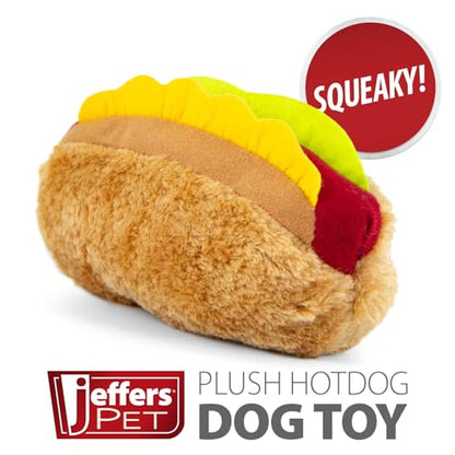 Jeffers Pet Plush American Grill Time Cuisine Dog Toys – 6" Squeaky Hotdog Plush Toys for Dogs – Chew, Cuddle, Interactive Play, Soft Durable Fabric, Puppy Gift, Christmas Stocking Stuffer - color: Brown Hotdog