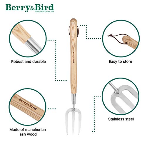 Berry&Bird Gardening Hand Fork, 22.6 Inches Long Handled Stainless Steel Weed Fork, Traditional Garden Hand Fork Tool with Ergonomic Ash Wood Handle for Weeding, Digging, Planting and Cultivating - size: Hand Fork