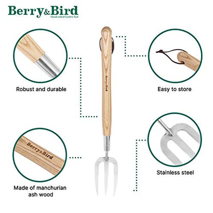 Berry&Bird Gardening Hand Fork, 22.6 Inches Long Handled Stainless Steel Weed Fork, Traditional Garden Hand Fork Tool with Ergonomic Ash Wood Handle for Weeding, Digging, Planting and Cultivating - size: Hand Fork