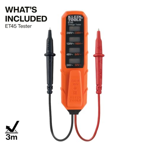 Klein Tools ET45 Digital AC/DC Voltage Tester, 12-240V AC, 32-330V DC, LED Illumination, DC Polarity, Auto Off, CATIII 350V-Class 2-Double Insulation, IP44 Dust & Water Resistant, No Batteries Needed - style: 24/240 V
