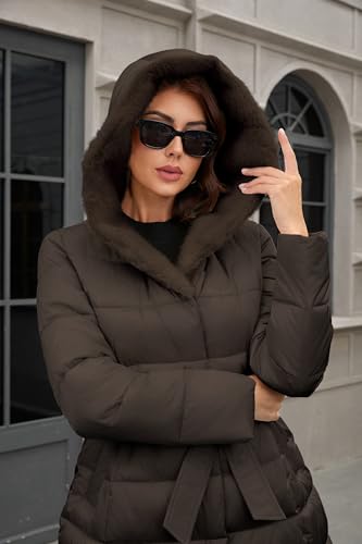 PAPILLON D'OR WEAR YOUR WINGS Women's Long Puffer Coat with Belt, Hood & Furry Lining - Knee-Length Winter Jacket - color: Tea-brown, size: Small