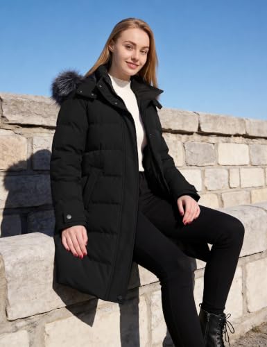 wantdo Women's Long Quilted Winter Coat Thicken Puffer Jacket with Faux Fur Hood - color: Black, size: Large