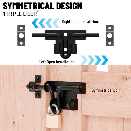 TRIPLE DEER Heavy Duty Sliding Bolt Gate Latch with Padlock Hole & Carriage Bolt, Slide Bolt Hardware for Wooden Fence/Yard Fence/Shed Door/Barn Door, Black, 1 Pack