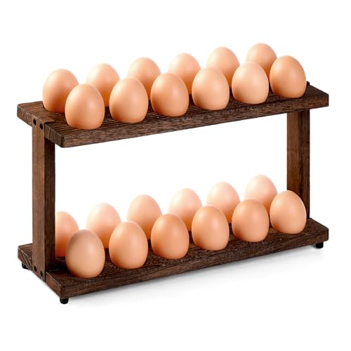 PEKER Wooden Egg Holder, 2-Tier Countertop Egg Rack, 24-Egg Capacity (Paulownia Wood), Farmhouse Kitchen Organizer for Fresh Eggs