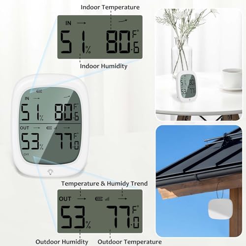 RUIKORING Indoor Outdoor Thermometer Wireless Hygrometer with Remote Sensor, 330ft Range High Accuracy Digital Temperature Humidity Monitor, Large Backlit Display for Home Greenhouse Baby Room Patio