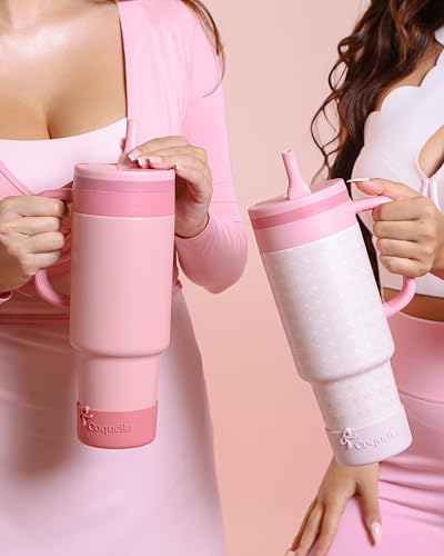 40 oz Insulated Tumbler with Handle and Push-Button Straw Lid, Stainless Steel Travel Cup for Gym Office, Leakproof, BPA-Free, Cup Holder Friendly, Bow Silicone Boot, Pink (Rose Quartz) - color: Rose Quartz