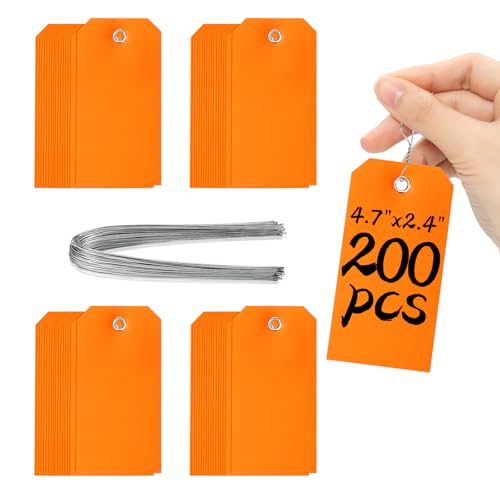 200 Pieces 4 3/4" x 2 3/8" Waterproof Shipping Tags with Wires Blank Tags with String Attached Plastic with Reinforced Hanging for Repair Marking Auto Parts Luggage Garage Inventory(Orange) - color: Orange
