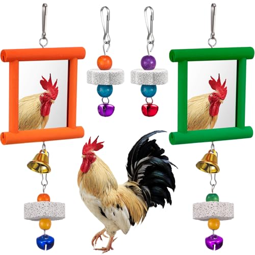 Sumind 2 Pieces Chicken Mirror Toys Hanging Swing Mirror with Bell Wooden Pecking Toy and 4 Pieces Beak Grinding Molar Stones for Hens Birds Parrots(Green,Orange) - color: Green,Orange