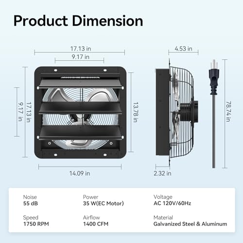 addlon 16 Inch Shutter Exhaust Fan Wall Mounted with 60W EC Motors and Remote Control,1700CFM, Timer, 8 Speeds, Low Noise, Easy to Install, Plug in Ventilation Fan for Garages, Shops, Greenhouse, Shed - size: 16 inch