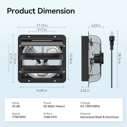 addlon 16 Inch Shutter Exhaust Fan Wall Mounted with 60W EC Motors and Remote Control,1700CFM, Timer, 8 Speeds, Low Noise, Easy to Install, Plug in Ventilation Fan for Garages, Shops, Greenhouse, Shed - size: 16 inch