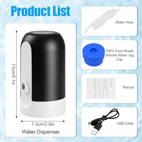 CHIVENIDO 5 Gallon Water Dispenser - Water Bottle Pump with Reusable Cap for Screw Top or Crown Tops, USB Charging Water Jug Dispenser for Universal 2-5 Gallon Bottle - color: Black