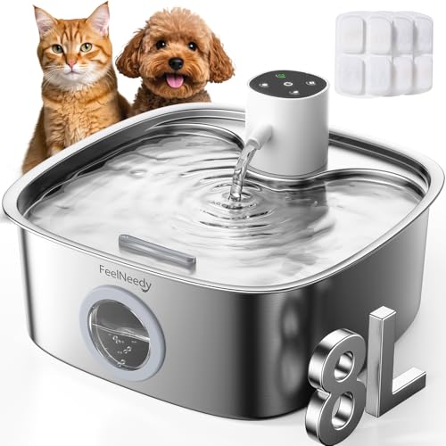 Cordless Wider Tray Dog Water Fountain, 5000mAh Battery Operated Dog Water Bowl Dispenser with 3 Motion Sensor, FEELNEEDY Stainless Steel Pet Water Fountain for Multi-Pets, Easy Setup & Clean, 8L - color: Fountain+3 Filters