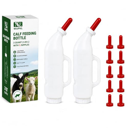 Screw Nipple Calf Feeding Bottle 2 Quart – Leak-Proof Milk Feeder with Ergonomic Handle, Easy Clean, Includes 5 Nipples, Farm & Ranch Feeding Set (Angled Bottle, 2 Pack)